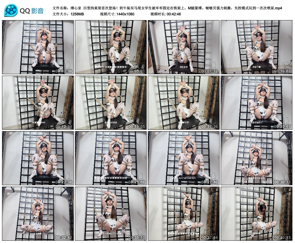 【缚心室】巨型拘束架首次登场！奶牛装双马尾女学生被牢牢固定在铁架上，M腿紧缚。啵...-缚乐绳艺